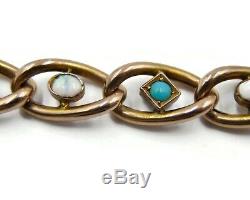 Antique Victorian 9ct Rose Gold Opal & Turquoise Curb Link Bracelet With Padlock