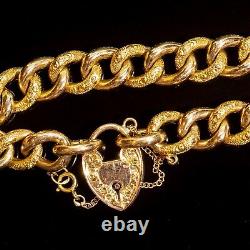Antique Victorian Curb Bracelet 9ct Rose Gold Ornate Heart Padlock c. 1900