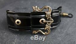 Antique Victorian Whitby Jet and gold buckle bracelet, cuff bracelet, 9ct