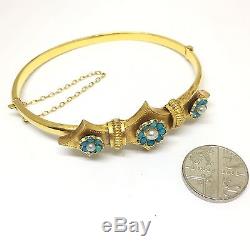 Antique Vintage 9ct Gold Edwardian Circa. 1900 Turquoise Pearl Bangle Bracelet