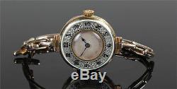 Attractive 9ct gold guilloche enamel ladies wristwatch all gold 9 ct bracelet