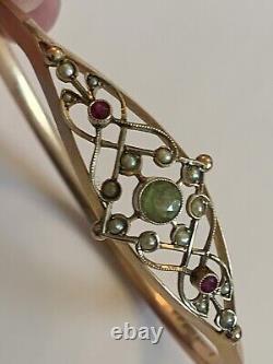 Beautiful Fine Edwardian 9ct Gold Peridot, Ruby & Seed Pearl Set Hinged Bangle