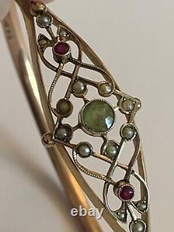 Beautiful Fine Edwardian 9ct Gold Peridot, Ruby & Seed Pearl Set Hinged Bangle