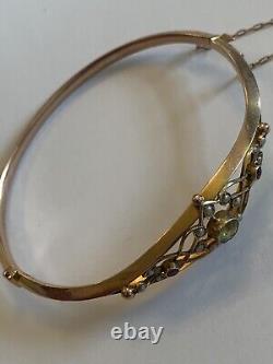 Beautiful Fine Edwardian 9ct Gold Peridot, Ruby & Seed Pearl Set Hinged Bangle