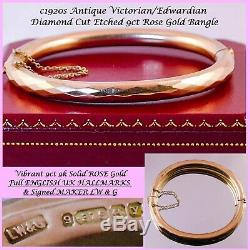 C1920s Antique ENGLISH ETCHED 9k 9ct SOLID ROSE GOLD VICTORIAN Bangle Bracelet