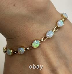 Created Opal Bezel Set Bracelet 9ct 9k 375 Yellow Gold 7.5 Inches