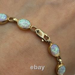 Created Opal Bezel Set Bracelet 9ct 9k 375 Yellow Gold 7.5 Inches