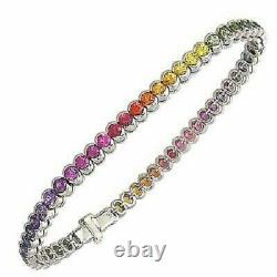 Estate Multicolor Rainbow Sapphire Bezel Set 14k White Gold Over Tennis Bracelet