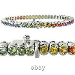 Estate Multicolor Rainbow Sapphire Bezel Set 14k White Gold Over Tennis Bracelet
