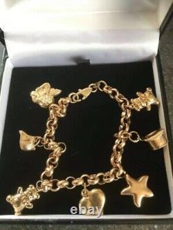 Fabulous Sheffield Heavy Solid 9Ct Gold Belcher Charm Bracelet With Charms 7.5in