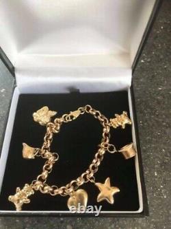 Fabulous Sheffield Heavy Solid 9Ct Gold Belcher Charm Bracelet With Charms 7.5in