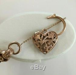 Fine Antique Victorian 9ct Gold Scroll Chain Bracelet + Ornate Love Heart Clasp