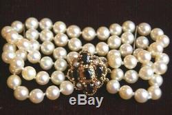 Fine Vintage Three Row Cultured Pearl Bracelet 9 Ct Gold Garnet & Pearl Clasp