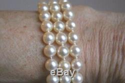 Fine Vintage Three Row Cultured Pearl Bracelet 9 Ct Gold Garnet & Pearl Clasp