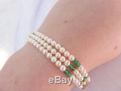 Fine emerald cultured pearl diamond 9ct gold clasp 3 strand bracelet