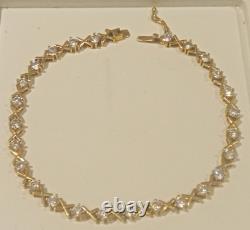 Fully Hallmarked 9ct Gold &Clear CZ Kiss Link Design Tennis Bracelet 7.5 long