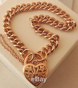 GENUINE 9K 9ct SOLID ROSE Gold CURB Bracelet with FILIGREE PADLOCK