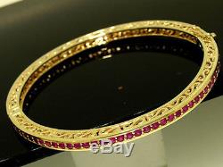 Genuine 9ct SOLID Heavy Yellow Gold NATURAL Ruby Hinged Bangle Scroll opens
