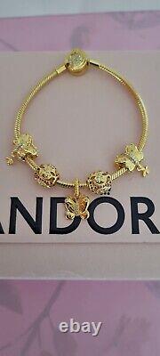 Genuine Pandora Gold signature Bracelet & 5 Gold Pandora Charms 19 cm ALE MET