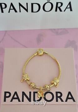 Genuine Pandora Gold signature Bracelet & 5 Gold Pandora Charms 19 cm ALE MET