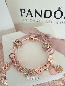 Genuine Rose Gold Pandora Bracelet +Rose Gold Charms 19 cm +Box