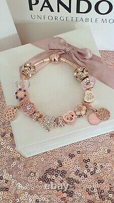 Genuine Rose Gold Pandora Bracelet +Rose Gold Charms 19 cm +Box