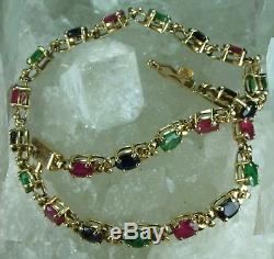 Genuine Solid 9CT Yellow Gold Natural Mined Garnet, Emerald, Sapphire Bracelet