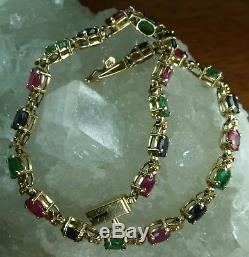 Genuine Solid 9CT Yellow Gold Natural Mined Garnet, Emerald, Sapphire Bracelet