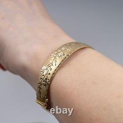 Gold Bangle Bracelet 9ct Yellow Gold HM Matte Finish with Diamond Cut Flowers