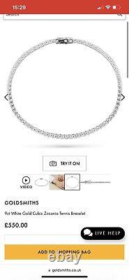 Goldsmiths 9 Ct White Gold Line Bracelet Ladies Cubic Zirconia Round 1.8 Mm