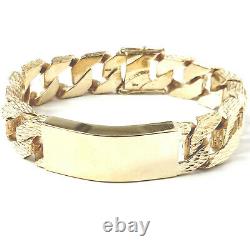 Heavy Gold Identity Bracelet Men's Solid 9ct Yellow Barked Square Link 125g 8.5