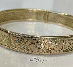 Heavy Victorian 9ct solid gold & Diamond engraved mesh Bangle 38.80g