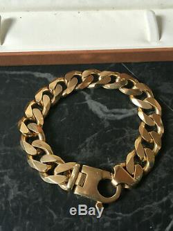 Heavy Vintage Men's Gents Solid 9Ct Gold Flat Curb Link Chain Bracelet, 92.2g