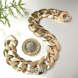 IMPRESSIVE 9ct SOLID YELLOW GOLD CURB WIDE CHAIN BRACELET 8 7/8 61.66g