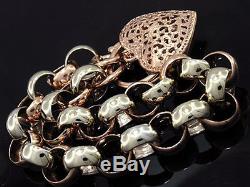 L04B- SOLID 9ct Genuine White & Rose Gold Belcher Heart PADLOCK Bracelet 19.5cm