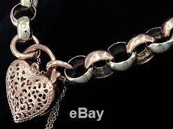 L04B- SOLID 9ct Genuine White & Rose Gold Belcher Heart PADLOCK Bracelet 19.5cm