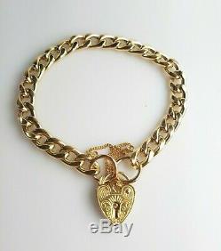 Ladies Gold Bracelet 9ct Yellow Gold Curb Links Heart Padlock Preloved