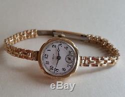 Ladies Vintage. 375 9ct Gold Rolex Wrist Watch & Period Box Plated Bracelet