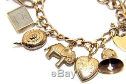 Ladies women's 9ct 9carat yellow gold chunky charm bracelet with 14 charms