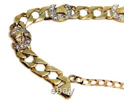 Lucky Horse Shoe Solid 9ct Carat Gold Curb bracelet 19cm x 8mm stone set