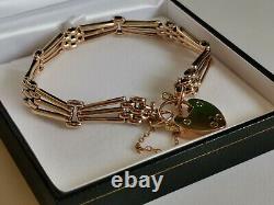 PALE ROSE GOLD GATE BRACELET 9ct 3 bar 7.5 heart padlock safety chain 15.8g