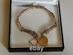 PALE ROSE GOLD GATE BRACELET 9ct 3 bar 7.5 heart padlock safety chain 15.8g