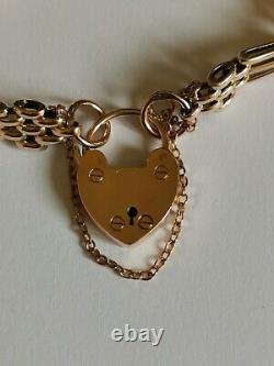 PALE ROSE GOLD GATE BRACELET 9ct 3 bar 7.5 heart padlock safety chain 15.8g