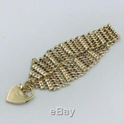 Quality Vintage Solid 9ct Gold 7 Bar Gate Bracelet with Heart Lock Fastener #371