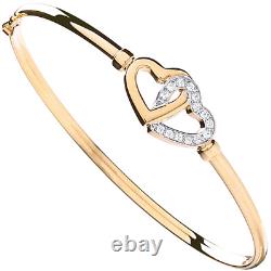 SOLID 9ct Yellow Gold CZ Double Heart Ladies Bangle HALLMARKED