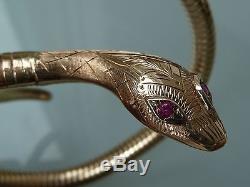 SUPERB 1960's 9CT GOLD SNAKE BANGLE BRACELET RUBY EYES 20.7GM SMITH & PEPPER