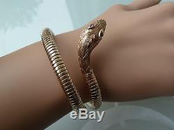 SUPERB 1960's 9CT GOLD SNAKE BANGLE BRACELET RUBY EYES 20.7GM SMITH & PEPPER