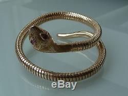 SUPERB 1960's 9CT GOLD SNAKE BANGLE BRACELET RUBY EYES 20.7GM SMITH & PEPPER