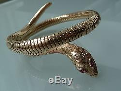 SUPERB 1960's 9CT GOLD SNAKE BANGLE BRACELET RUBY EYES 20.7GM SMITH & PEPPER