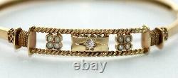 Small Edwardian Victorian seed pearl & diamond 9 ct yellow gold bangle bracelet